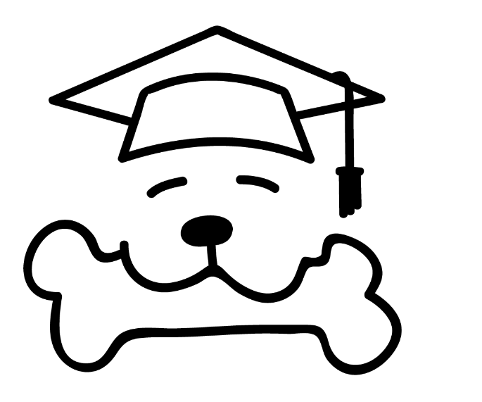 Lustiger Hund mit einem Abschluss-Hut und einem Knochen.