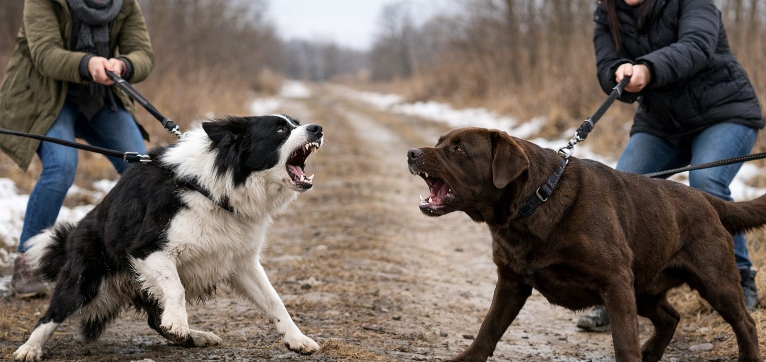 Zwei Hunde, ein Border Collie und ein Labrador, bellen sich auf einem Waldweg an.