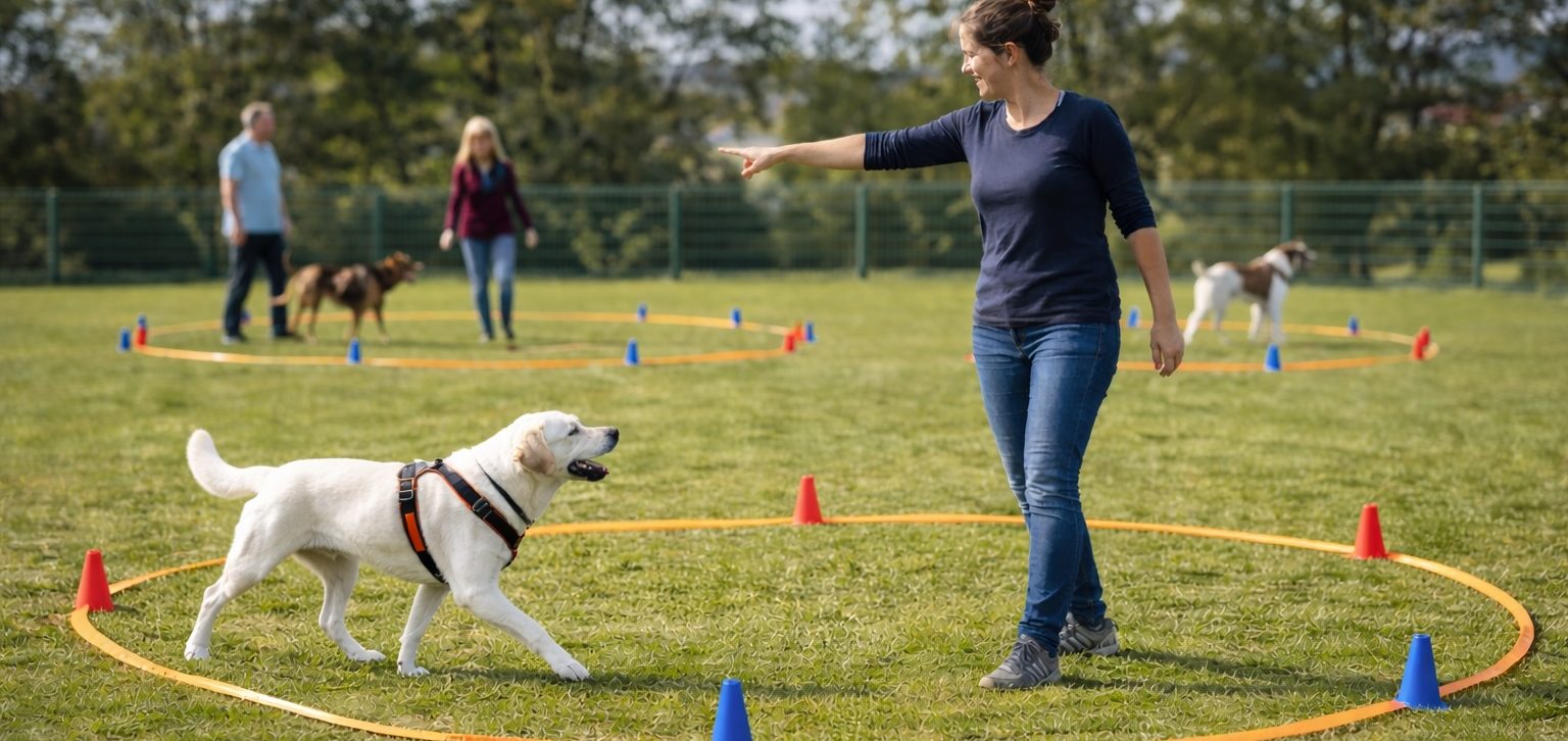 Eine Frau trainiert einen Hund auf einem Übungsplatz mit Markierungen/ Longierkreis und anderen Hunden.